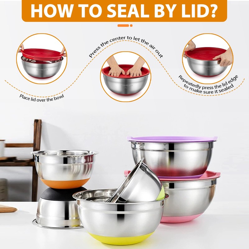 CHAREADA Mixing Bowls with Airtight Lids, 18pcs Stainless Steel Nesting