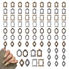 80pcs 3D Metal Frame Nail Charms Retro Golden Silvery Nail Art Charms Rhombus Oval Rectangle Hollow Out Frame Nail Art Decoration Accessories for Women
