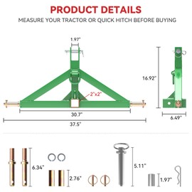 3 Point 2" Trailer Hitch Receiver for Category 2 Tractors, Heavy Duty 3pt Quick Hitch Attachment, Tractor Tow Drawbar Adapter, Compatible with Kubota, Mahindra, Ford, Yanmar, John Deere(Green)