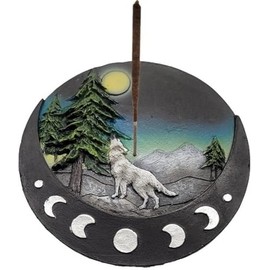 Wolf with Moons Incense Burner [Black - 4.5" W] - ID#68998