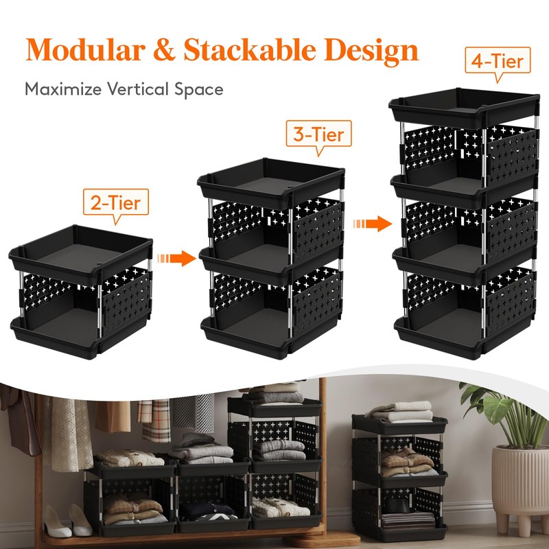 Lifewit Plastic Stackable Storage Baskets, 3 Tier Stacking Bins for
