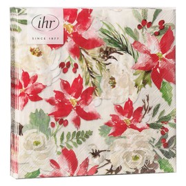 IHR Ideal Home Range Christmas Star Napkins, MABEL, Cream, Red, Winter Flowers, Christmas Decoration, Pack of 20, Lunch Napkins 33cm x 33cm