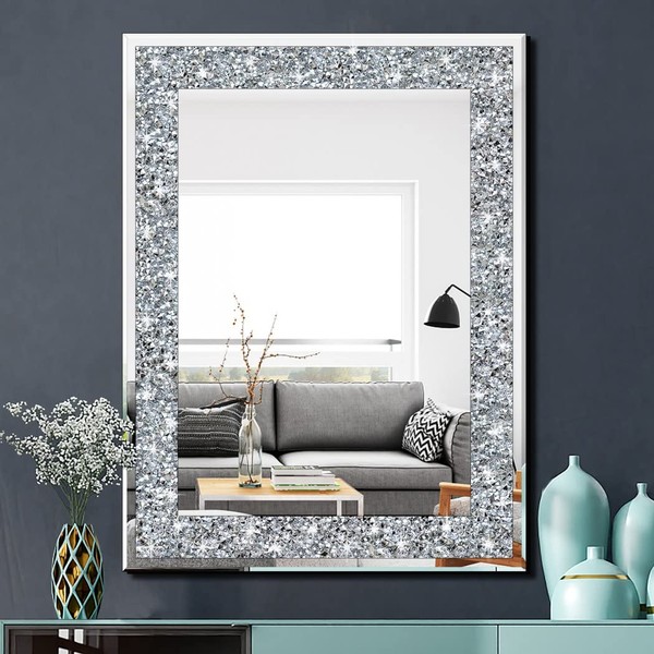QMDECOR Crystal Crush Diamond Rectangle Silver Mirror for Wall Decoration 24x32inch Wall Hang Frameless Mirror Acrylic Diamond Decor.