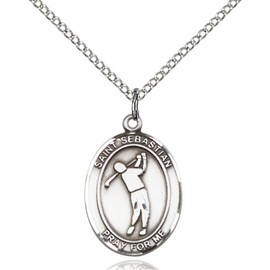 Bonyak Jewelry Saint Medal Collection Sterling Silver St. Sebastian/Golf Pendant 3/4 x 1/2 inches with Sterling Silver Lite Curb Chain