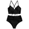 ZAFUL Women's Scalloped Crisscross Ruched High Waisted Bikini Set Two