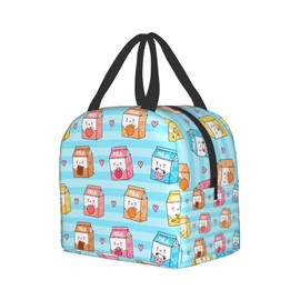 Senheol Cute Funny Happy Milk Box and Hearts Print Lunch Box, Kawaii Small Insulation Lunch Bag, Reusable Food Bag Lunch Containers Bags for Women Men