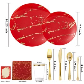 N9R 225PCS Red Gold Plastic Plates Set, Disposable Dinnerware Set Include 25 Dinner Plates, 25 Dessert Plates, 25 Forks, 25 Mini Forks, 25 Spoons, 25 Knives, 25 Gold Cups, 25 Napkins and Table Cards