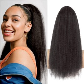 UAmy hair Long Yaki Straight Ponytail Extension for Women 20 Inch Brown Black Wrap Around Magic Paste Synthetic Clip in Ponytail Thick Kinky Straight Hair Pony Tail for Daily Use (2#)