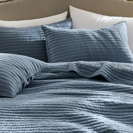 WDCOZY 100% Cotton Queen Size Quilt Set - Blue Striped Pick Stitch Soft Lightweight Bedspread, Textured Like Linen, Farmhouse Country Rustic Coverlet, Shabby Chic Gauze Bedding, 3 Pieces