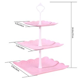 SZJYG 3 Tiers Cake Display Stand, Pink Afternoon Tea Stands, Plastic Square Cup Cake Fruit Dessert Party Server Plates Stands, Reusable Food Serving Platter Stand for Birthday, Wedding, Party