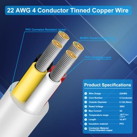 22 Gauge 4 Conductor Electrical Wire, 16.4 FT Low Voltage 22/4 Tinned Copper Stranded 4 Wire Cable, 22 AWG White Flexible Extension Cord for Sprinkler,Thermostat,Trailer,Irrigation,Automotive Etc