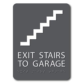 The Sign Studio - 6" x 9" - Gray/White - ADA - Exit Stairs to Garage with Pictorial Sign with Tactile & Braille