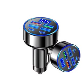 Car Charger Adapter, 6-Port with LED Display, QC3.0 USB & Type-C Fast Charging, 12V/24V