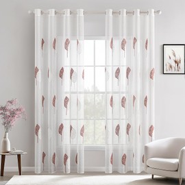 MIULEE Curtains with Dusky Pink and White Leaves Pattern, Embroidery Curtain Transparent, Eyelet Curtains for Living Room, Eyelet Curtain Transparent, Set of 2 Modern Bedroom Curtains, Each H 245 x W