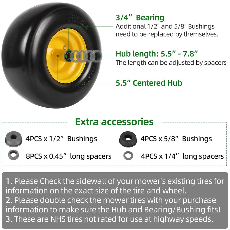 AR-PRO (2-Pack) 13x6.50-6 Flat Free Tire and Wheel, Replacement Solid
