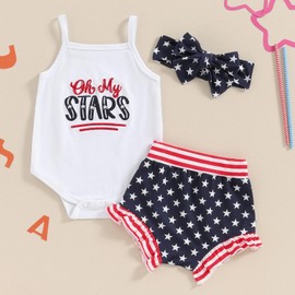 Newborn Infant My First 4th Fourth of July Baby Girl Outfits Onesie Romper White Red and Blue Shorts+Headband (Embroidered oh my Stars, 3-6 Months)