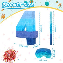 Number 1 2 3 4 5 7 Pinata with Stick Blindfold Confetti, Gradient Blue Pinata for Kids Birthday Party Large Blue Pinata for Boys Girls Birthday Anniversary Celebration Decoration Supplies (Number 4)