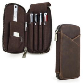 Nannlia Crazy Horse Leather Pen Case Leather Pencil Case 4 Pen Holder Leather Ranking Pencil Lead Holder with Student ID Pocket (Brown)