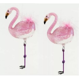 180 Degrees Set of Two Glass and Feathers Christmas Holiday Flamingo Ornaments