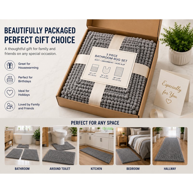 3 Piece Super Absorbent Quick Dry Chenille Bath Mats Set