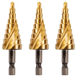 3 Pack - 4mm to 20mm Spiral Flute Step Drill Bits High Speed Steel Titanium Coated, Metric Hex Shank, HSS Tool Set for DIY Plastic Wood Steel Metal Aluminum. Cone Cutter Hole Cutter Drill Bits