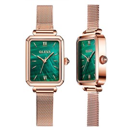 OLEVS Fashion Small Square Gold Watches for Women Green Stone Square Metal Watch Bling Ladies Analog Quartz Watches for Women Classic Retro Green Face Womens Watch