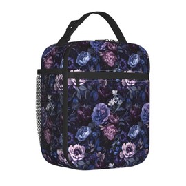 ainori Reusable Floral Lunch Box for Kids Gils Boys Women Adult, Insulated Cute Flower Lunch Bag,Polyester Cooler Handbags Case for School Picnic Work Travel Beach or Hiking (Purple and Blue)
