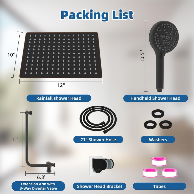 12" All Metal Shower Head, High Pressure 10-Spray Handheld Showerhead
