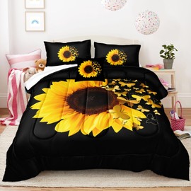 Herside Sunflower Bedding Comforter Set for Girls Boys,Black and Gold Queen Comforter Set,Bedroom Decor Aesthetic for Girls,Chic Floral Quilt 4 Pcs Yellow Flowers Butterfly Duvet Queen Bed Set