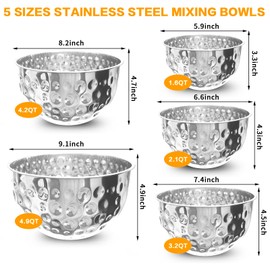 YEJZXY 5 Piece Stainless Steel Mixing Bowls Set, Hammered Bowl Nesting Design Kitchen Bowls for Cooking, Baking, Serving (Size: 4.9/4.2/3.2/2.1/1.6QT)