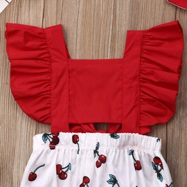 suomate Newborn Baby Girl Clothes Cherry Print Ruffle Sleeveless Romper Bodysuit Headband Outfits (Red, 6-12Months)