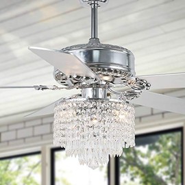 52" Crystal Ceiling Fan with Lights and Remote Control Modern Crystal Ceiling Fan Fandelier with Reversible Blades, Silent Motor, 3 Speed, 4 Timing Options, Chrome