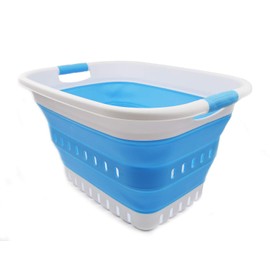 SAMMART 37L (9.77 gallon) Collapsible Plastic Laundry Basket - Foldable Pop Up Storage Container/Organizer - Space Saving Hamper/Basket (1, White/Marine Blue)
