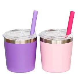 Colorful PoPo Cute Stainless Steel kids Cup with Lids, Silicone Straw Cup for Toddlers, Mini Insulated Stackable Tumblers for Smoothie Milk, Set of 2 (Pink Purple, 8 OZ)