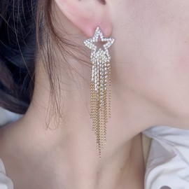 Women’s Star Tassel Earrings Crystal Dangle Star Earrings Long Star Beaded Fringe Drop Earring for Women Girls (Gold)