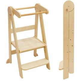 Foldable Toddler Tower Preassembled Kitchen Stool Helper, Folding Tower for Learning with 3 Adjustable Heights Montessori Toddler Standing Tower Collapsible Step Stool for Kids 1-6y Natural