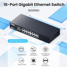 Tenda TEG1016D, 16-Port Gigabit Switch, Unmanaged Desktop Network Hub, Office Ethernet Switch, Sturdy Metal, Fanless, Traffic Optimization, Limited Lifetime Protection