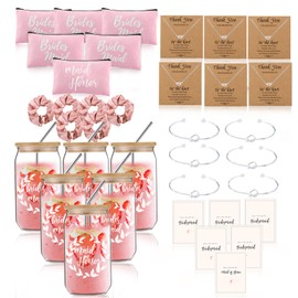 DHQH 36 PCS Bridesmaid Proposal Gifts Box, Maid of Honor Gifts for Bridal Shower Wedding Bachelorette Party- 16 oz Bride Glass Cup Makeup Bags Bracelets for Wedding Gift (Pink)