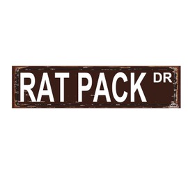 RAT PACK DR Sign Funny Street Sign Novelty Sign for Door Name Plate Plaque Home Patio Garden Bar Farm House Garage Wall Decor Metal Tin Sign Brown 16 x 4 Inch