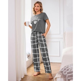 difficort Women's Pajama Sets Print Short Sleeve Top and Long Pants Sleep Set with Pockets, Grey, Large