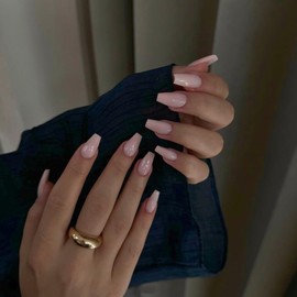 KQueenest Gel Press on Nails Short Medium Coffin, Solid Color Fake Nails Nails Press ons, Short Ballerina Glue on Nails With Glazed Finish, Simple Acrylic Nails False Nails For Finger, Light Pink