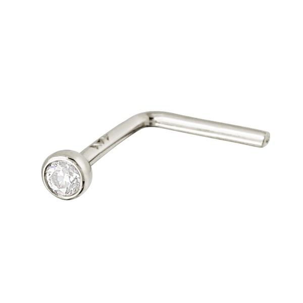 Solid 14Kt White/Yellow Gold Bezel Set Moissanite L-SHAPE Nose Stud