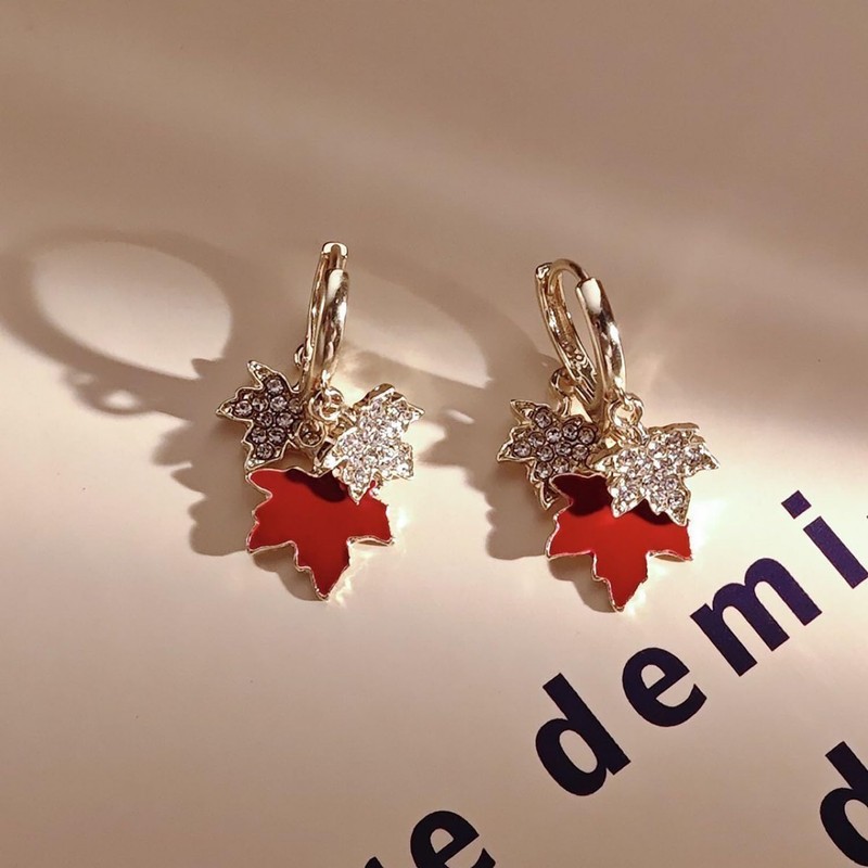 Maple Leaf Earrings for Women Autumn Thanksgiving Earrings Red Crystal