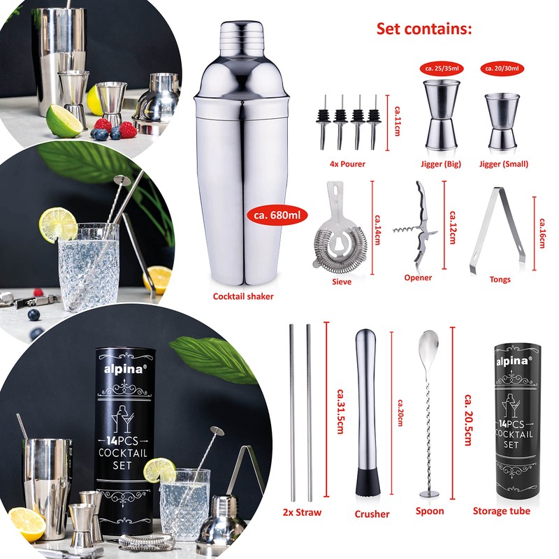 alpina Cocktail Set Complete – 14 Pieces – Cocktail Shaker/Stamper/Jigger/Etc