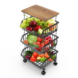 Newzealkids Fruit Basket for Kitchen 4 Tier Stackable Fruit Vegetable Storage Baskets with Wheels Metal Wire Storage Basket Organizer Cart for Kitchen Livingroom Diningroom Office, Black