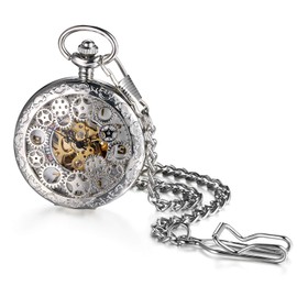 JewelryWe Retro Gear Sprocket High Openwork Manual Winding Mechanical Pocket Watch Skeleton Watch Sweater Necklace Chain, silver, Festive Occasions
