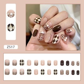 24Pcs Press on Nails with Pearl Designs, Coffin Full Cover Reusable False Nails with Glue, Glue on Nails with Charm, Artificial Finger Acrylic Fake Nails for Women, Stick on Nails Square Short