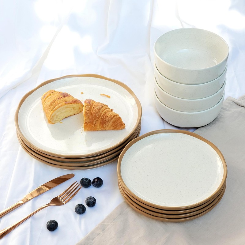 Lareina Plates and Bowls Set, 12 Pieces Farmhouse Ceramic Dinnerware