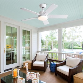 Rayqueen 42 Inch Ceiling Fan with Lights and Remote,White Ceiling Fan with 5 Blades,3 Color Temp Dimmable LED,6 Speed Reversible DC Motor-Downrod Modern Ceiling Fan for Indoor or Covered Outdoor