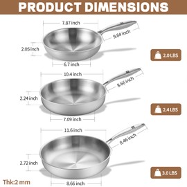 GOLDEN KEY Tri-Ply Stainless Steel Frying Pans Set,8”/10”/12” Non Toxic Skillets, PFOA&PTFE Free Cooking Pans,Stainless Steel Cookware Set,Fast & Even Heat, for Home Chefs & Everyday Cooking
